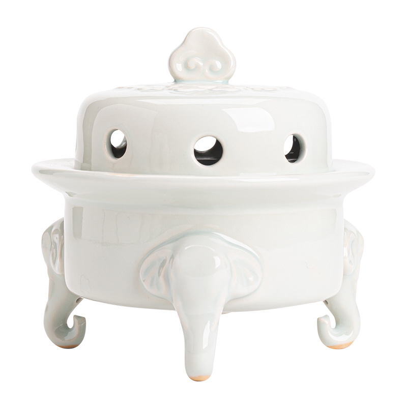 Lư hương đĩa ba chân đầu voi gốm, đồ trang trí thủ công gốm sứ sáng tạo, lư hương trong nhà gia dụng