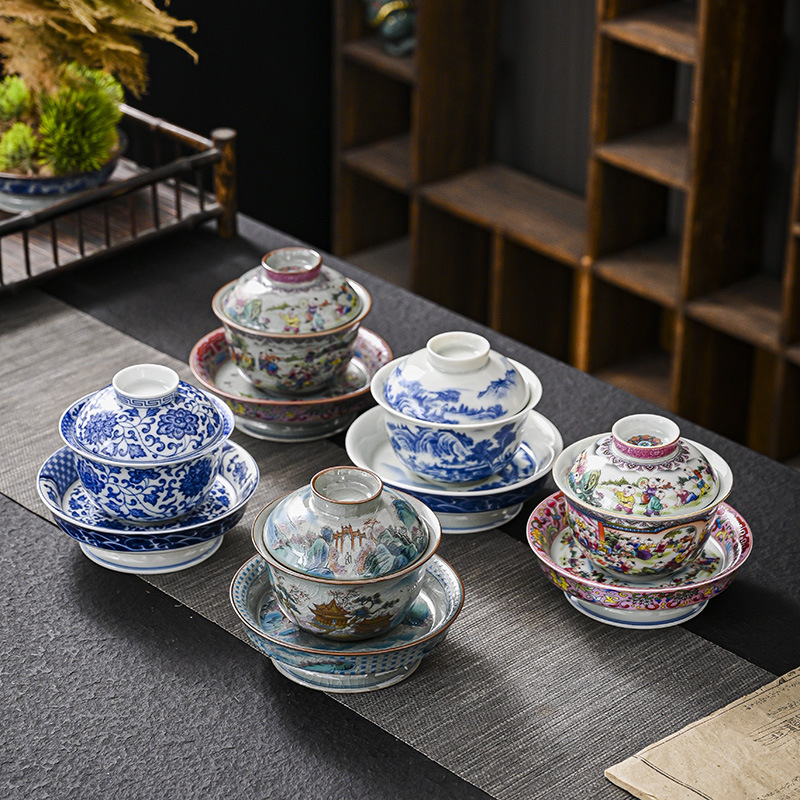 Bộ bát có nắp ba tài bằng sứ trắng xanh Jingdezhen bộ trà Kung Fu cao cấp bộ bát pha trà bộ ba món chống bỏng bán buôn