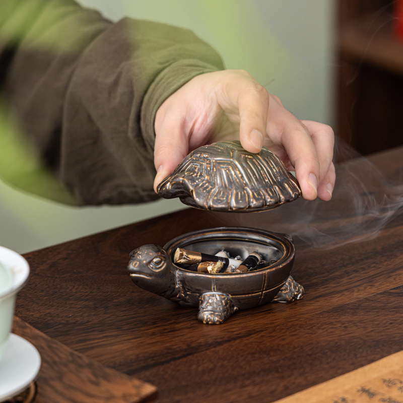 Rùa trường thọ gạt tàn gốm nhỏ trà thú cưng văn phòng nhà phòng khách có nắp chống tro bay phong cách Trung Hoa đồ trang trí dễ thương trang trí