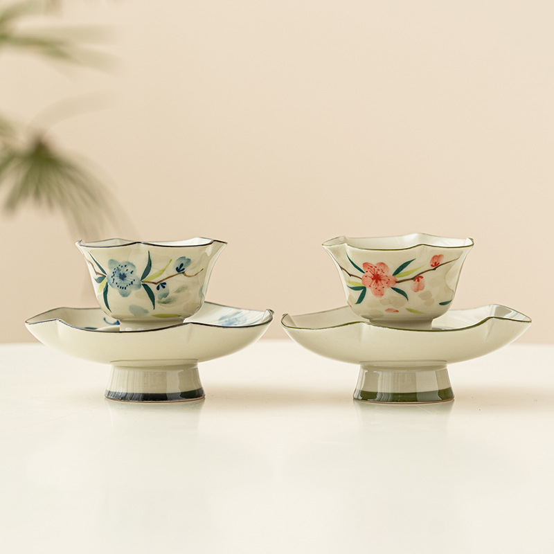 Bộ cốc và đĩa chân cao hoa đào vẽ tay cốc chủ nhân gốm sứ tinh xảo cao cấp cốc trà chuyên dụng cá nhân cốc trà bộ trà