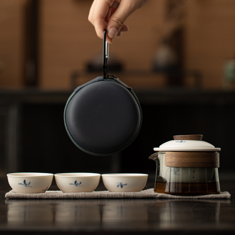 Bộ ấm trà du lịch gốm sứ hoa lan vẽ tay ấm trà thủy tinh di động ngoài trời ấm pha trà cốc nhanh làm quà lưu niệm