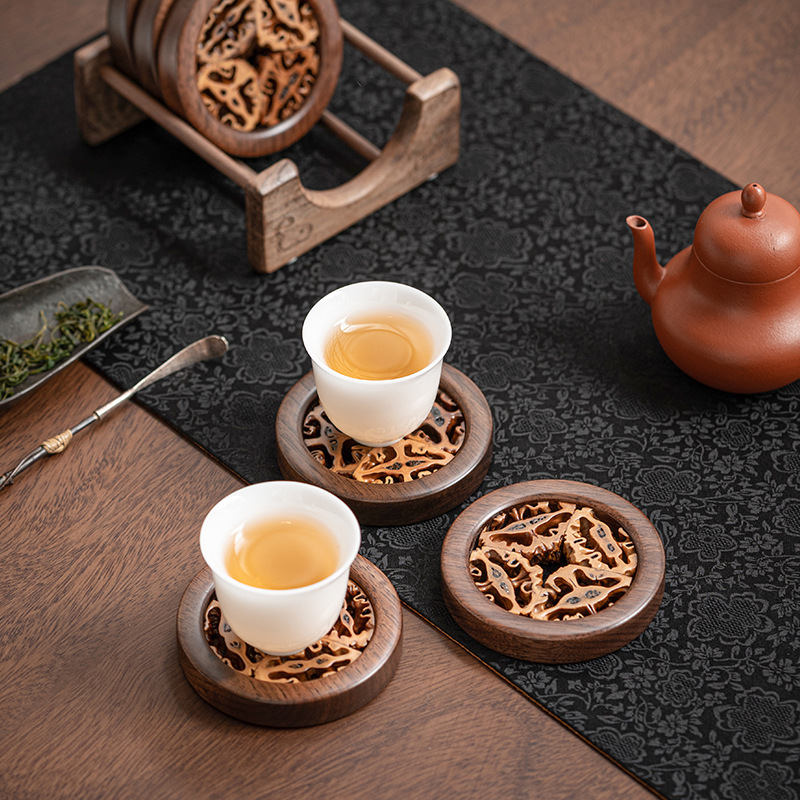 Lót cốc gỗ óc chó đen mẫu mới, bàn trà pha khô, bình óc chó, lót cốc trà đạo, lót cốc kiểu Trung Quốc, lót cách nhiệt