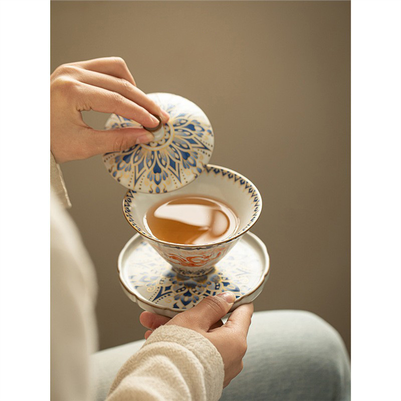 Mô phỏng lò Song Ru Đôn Hoàng đội mũ bay tam tài bộ trà kungfu gia dụng chống bỏng bát trà gốm sứ dung tích lớn