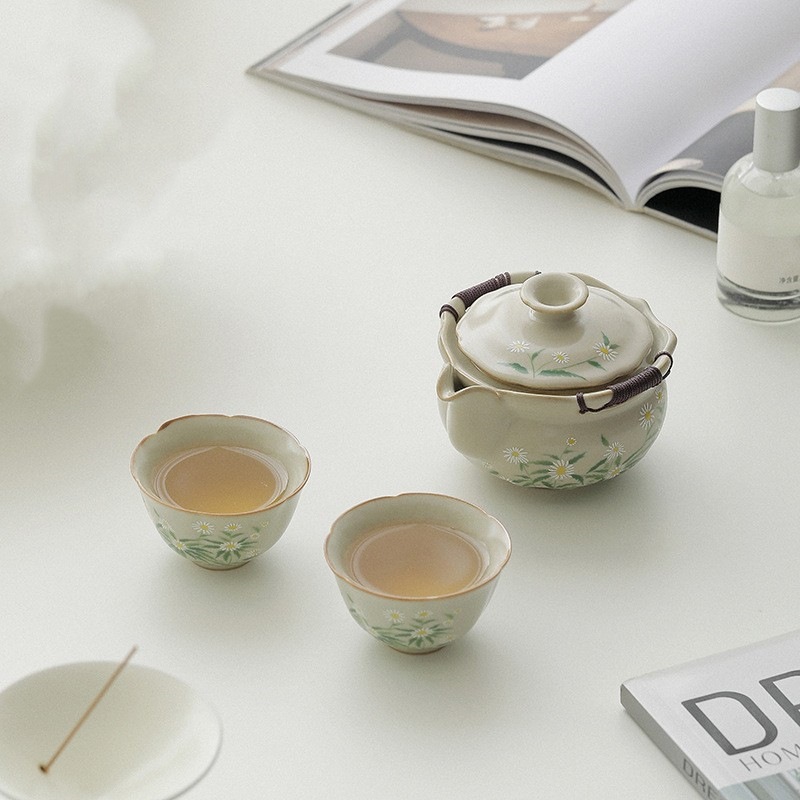 Bộ ấm trà Kung Fu một ấm hai cốc Ru Kiln Bộ ấm trà cao cấp gia dụng đơn giản cho hai người