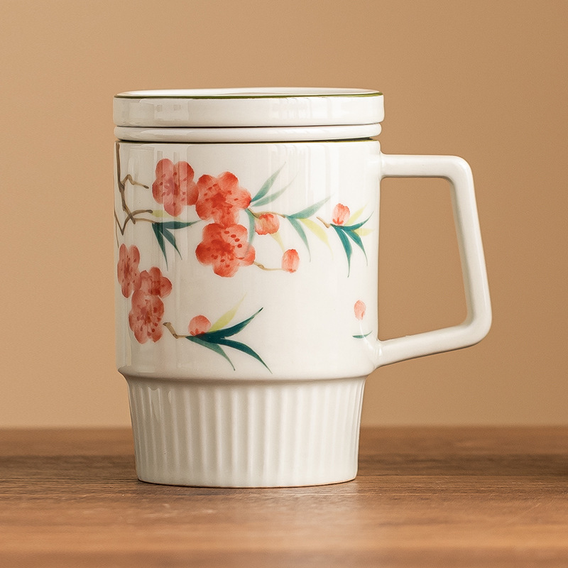 Cốc trà hoa đào vẽ tay cốc văn phòng cốc gốm cốc tách trà cốc pha trà cốc uống nước gia dụng có nắp