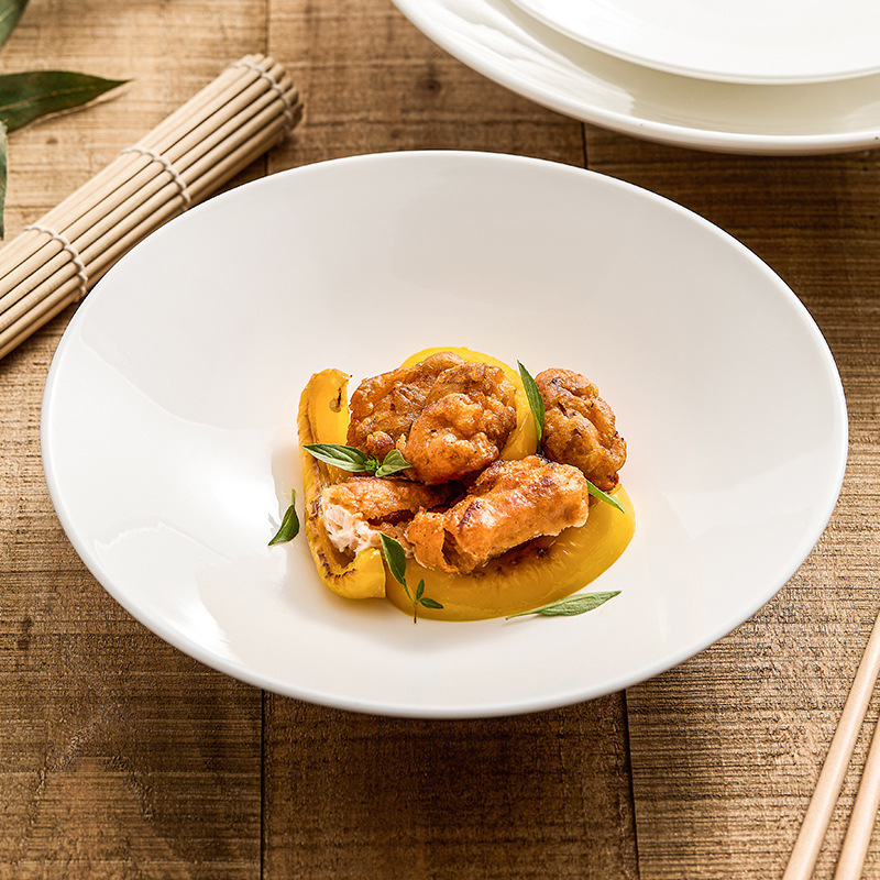 Bộ đồ ăn sứ trắng tinh khiết Dehua, bộ đĩa súp gia dụng, bộ đĩa sứ xương cao cấp.