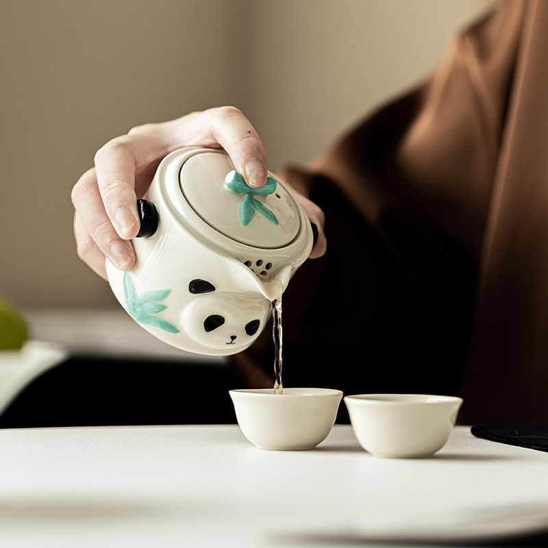 Vẽ tay Panda Kuaike Cup Bộ ấm trà du lịch gốm sứ Một ấm hai cốc cắm trại ngoài trời ô tô cầm tay nhóm pha trà