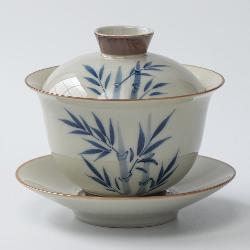 Bộ ấm chén trà Kung Fu gốm sứ vẽ tay, chén trà có nắp Sancai, bộ ấm chén văn phòng nhà màu men lót