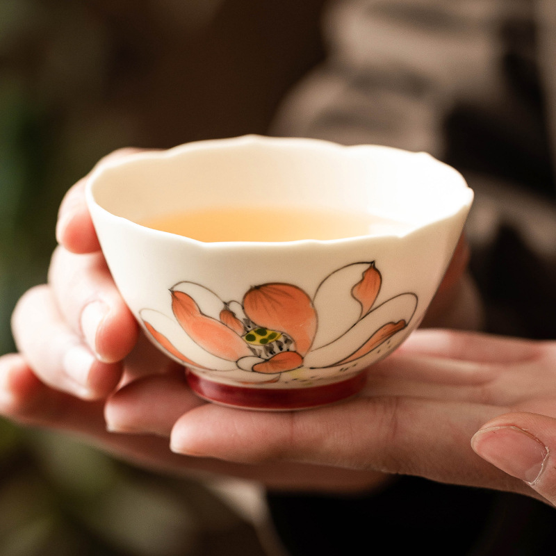 Cốc trà gốm sứ màu hồng vẽ tay hoa sen miệng bát cốc cao cấp cốc chủ nhân lớn tách trà chuyên dụng tách trà cốc đơn