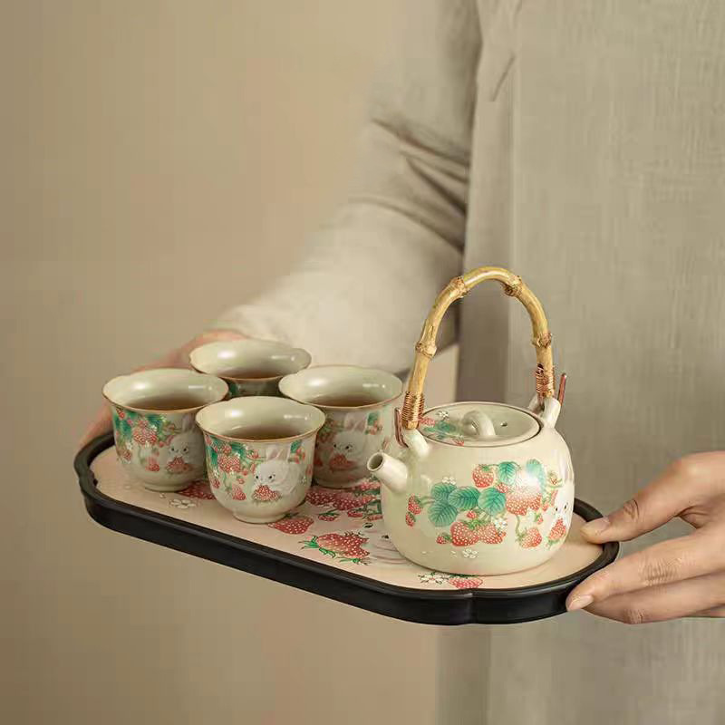 Ấm trà Thỏ Dâu Tây Ru Kiln Bộ ấm trà Kung Fu Bộ nhỏ ấm pha trà khách sạn gia dụng văn phòng cốc trà khay pha khô