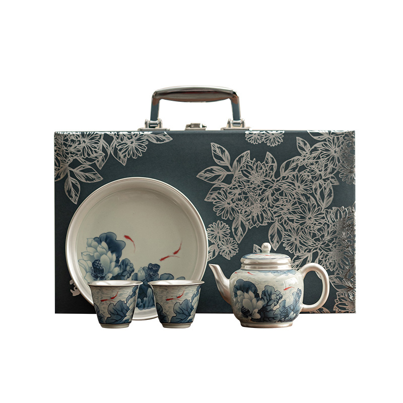 Bộ hoa sen xanh chơi cá bạc một ấm hai cốc bộ ấm trà Kung Fu bộ ấm trà gốm sứ ấm trà làm quà tặng cá nhân