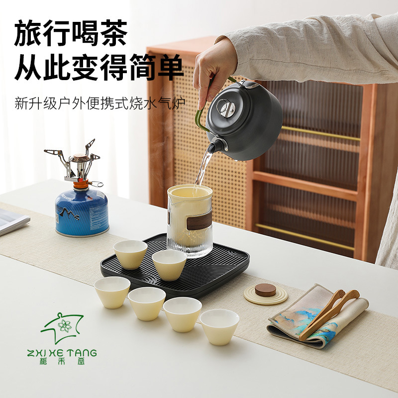 Bộ dụng cụ pha trà du lịch nước đun nước ngoài trời, túi đựng đồ cầm tay cắm trại trên xe có bếp kẹp, dụng cụ pha trà Kung Fu pha trà