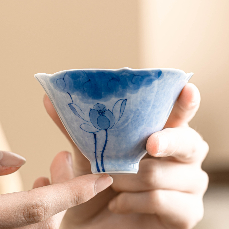 Chén xô ba cánh hoa sen xanh, tách trà, tách trà sứ trắng Đức Hoa vẽ tay, tách chủ nhân, tách đơn, Hộp Quà Bộ trà
