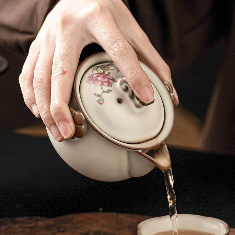 Ấm trà Ru Kiln ấm cầm tay có nắp đậy ấm pha trà hoa mẫu đơn đông lạnh mỡ lợn, bát trà gia dụng chống bỏng cao cấp có nắp