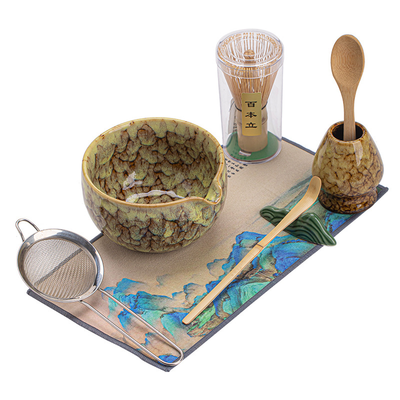 Bộ bốn mảnh Matcha lò nung màu sáng tạo thay đổi dòng chảy men gốm sứ phụ kiện trà bọt khuấy điểm trà bình trà bát trà đứng