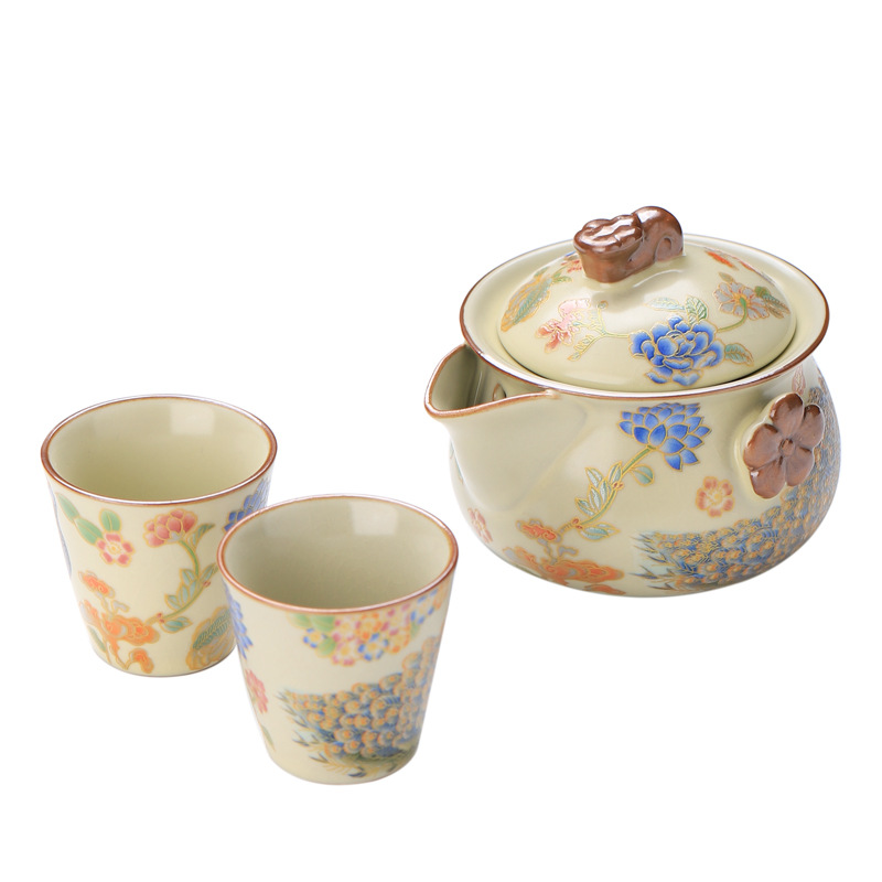 Ấm trà cầm tay Ru Kiln Ấm trà đơn lớn chống bỏng bát có nắp cốc trà một dụng cụ pha trà gốm sứ nhanh một ấm hai cốc