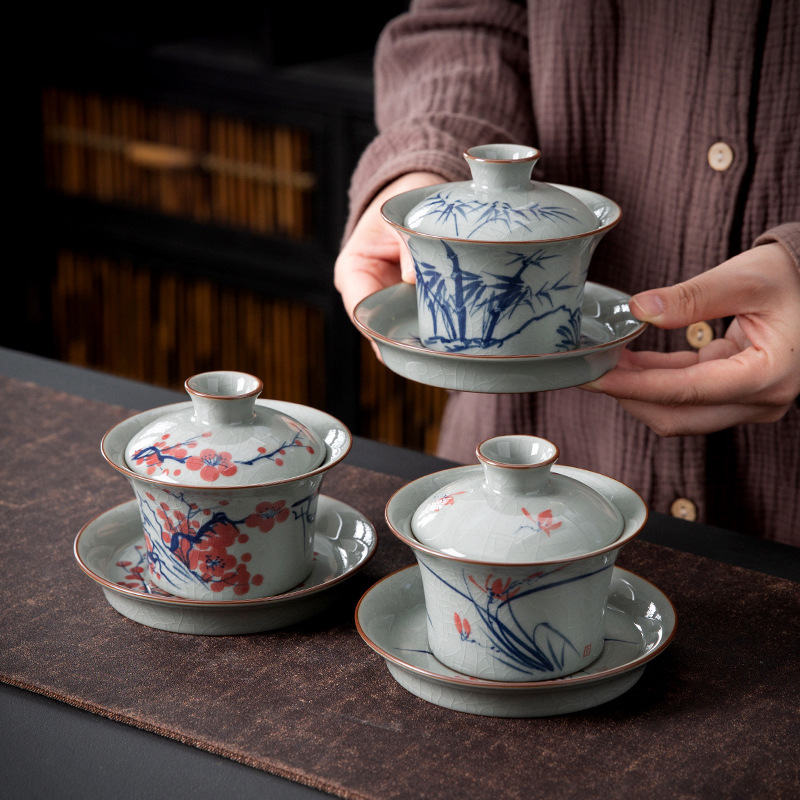 Gaiwan đất sét cổ được vẽ bằng tay với hoa văn nứt băng, gaiwan ba tài bằng gốm, không nóng khi chạm vào, bát trà cổ điển gia dụng, bộ trà kung fu.