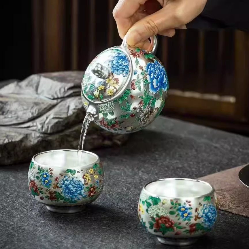 Zhou Hongjie màu xanh và trắng thủ công mạ bạc vạn hoa không rơi màu xanh và trắng ấm trà bộ ấm trà Kung Fu sang trọng pha chế gia dụng