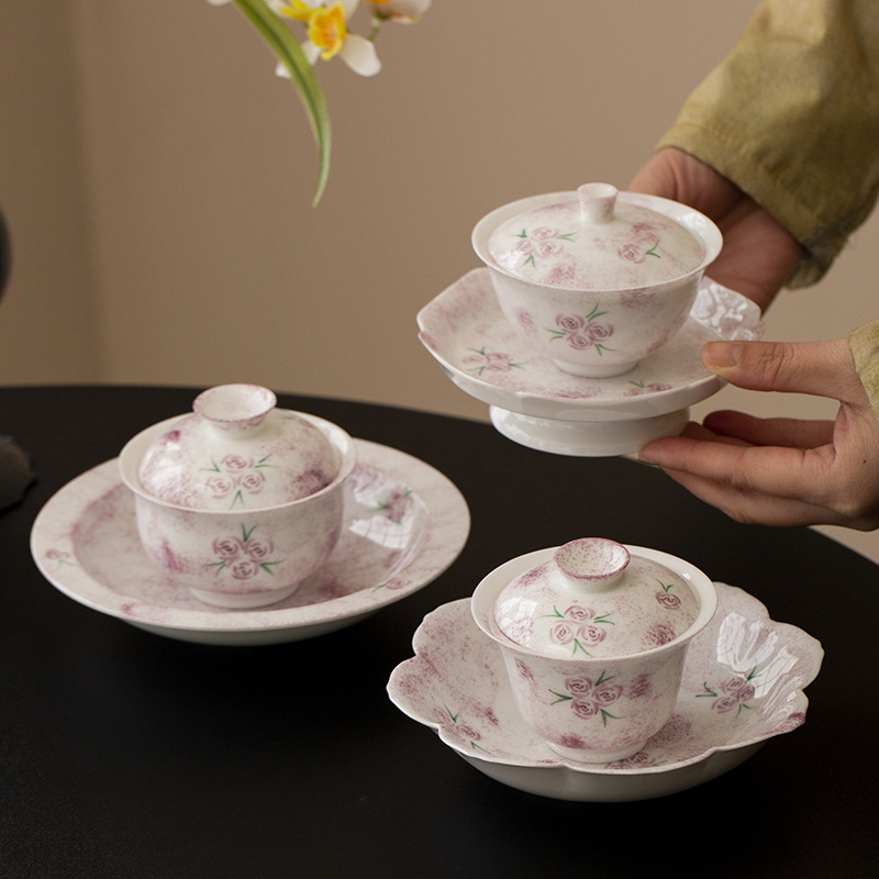 Cốc trà gốm sứ tráng men màu vẽ tay cốc chủ nhân bộ trà kungfu hoa hồng giá trị cao phụ nữ ấm trà đặc biệt có nắp bát