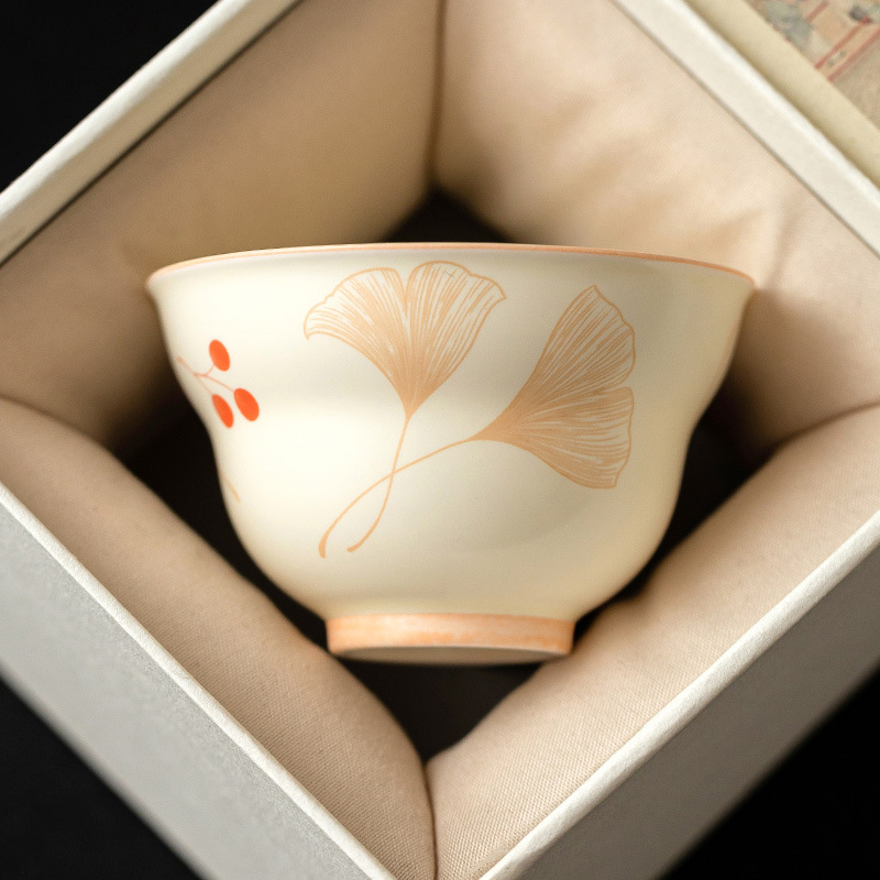 Cốc Phúc Lộc bạch quả màu be cốc chủ nhân gốm cốc trà Kung Fu gia dụng cốc trà kiểu Trung Quốc cốc trà hộp quà cốc đơn