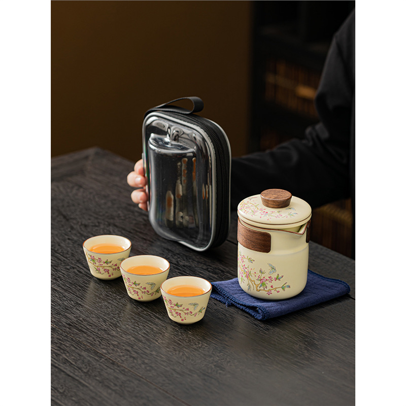 Bộ trà kungfu du lịch ngoài trời xách tay hoa tử đằng cốc gốm sứ tươi mới tách nước trà cốc nhanh quà lưu niệm