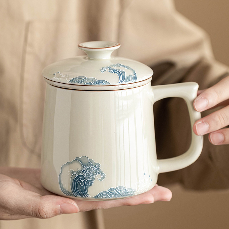 Cốc văn phòng chạm khắc sóng biển xếp chồng vẽ tay cốc tách trà gia dụng cốc uống nước cá nhân cao cấp có nắp