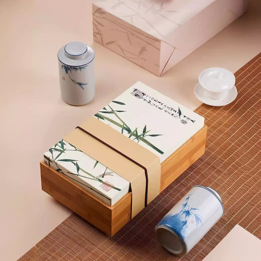 Hộp quà tặng bao bì trà trà Enshi Yulu Long Tỉnh kiểu Trung Quốc hộp rỗng hộp gốm sứ hoa văn tre trà đen trà xanh