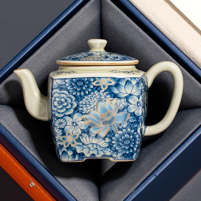 Ấm trà hình vuông Hán Hoa vàng Ru Kiln ấm trà ấm trà tinh tế cao cấp gia dụng ấm trà bộ trà gốm sứ nhà sản xuất bán buôn