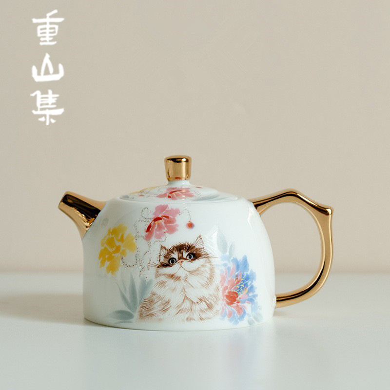 Ấm trà mèo màu pastel bằng sứ ngọc trắng có lỗ bóng, một mảnh dùng trong gia đình, quà tặng cao cấp, ấm trà kung fu bằng gốm văn phòng.