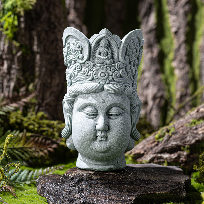 Đồ trang trí đầu Phật sáng tạo bằng đá sa thạch xanh Lingji Bồ tát mới phong cảnh bể cá kiểu Trung Quốc trang trí nhân vật lối vào nhà