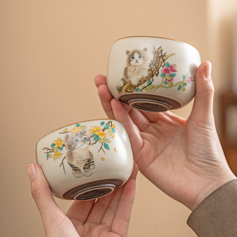Cốc chủ nhân mèo dễ thương hoa vàng Ru Kiln tách trà có thể nâng cốc đơn dụng cụ trà Kung Fu gốm sứ gia dụng cốc trà
