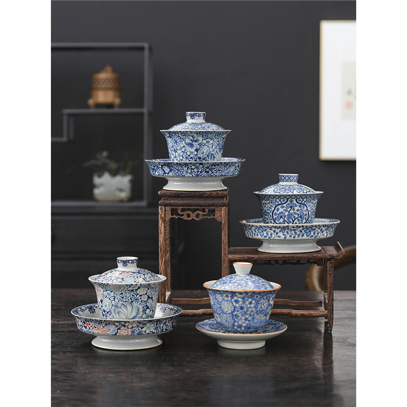 Bát tam tài tráng men cổ điển sang trọng nhẹ bát trà gốm sứ gia dụng cỡ lớn cốc trà bộ trà kungfu cao cấp một chiếc