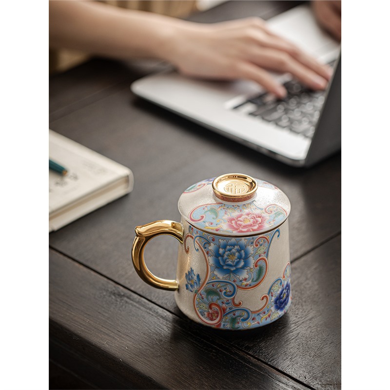 Cốc pha trà tráng men cloisonné bạc nguyên chất cao cấp tách trà gốm sứ chuyên dụng có nắp cốc văn phòng