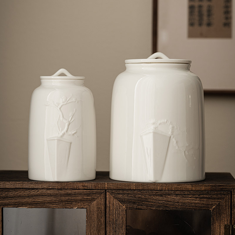 Bình trà hoa mận sứ trắng Dehua, bình kín, Bình Đựng Trà chống ẩm gia dụng, bình trà gốm sứ cao cấp cỡ lớn, bình rỗng