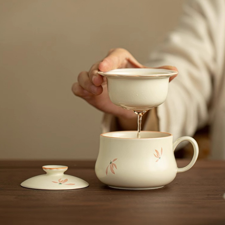 Cốc pha trà hoa lan màu vàng be cốc pha trà tách trà gốm sứ giá trị cao phụ nữ có nắp lọc chuyên dụng
