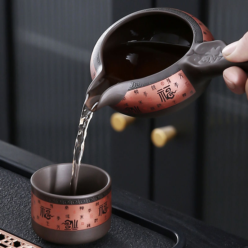 Bộ trà Kung Fu tự động cao cấp màu tím cát gia dụng gốm sứ đơn giản nhẹ sang trọng túi du lịch xách tay tặng quà