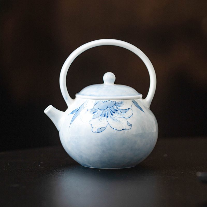 Ấm trà nhỏ tinh xảo màu xám thực vật, ấm trà hoa huệ xanh vẽ tay, bộ trà gia dụng kiểu Trung Quốc, hộp quà một chiếc