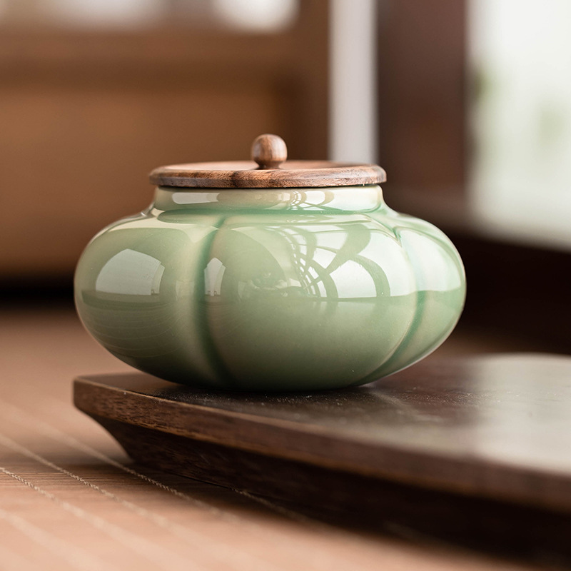 Bình đựng trà bí ngô gỗ mun, bình đựng trà cao cấp cổ điển Trung Quốc gốm sứ, bình chứa chống ẩm, bình rỗng, đồ trang trí sáng tạo
