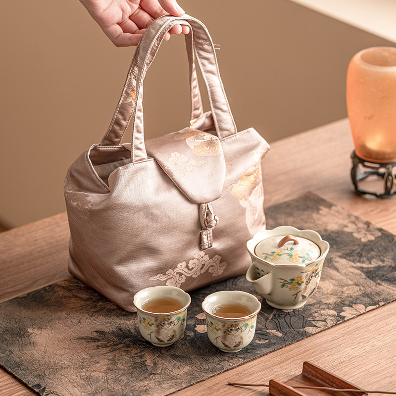 Bộ trà du lịch mèo dễ thương hoa vàng sứ Ru bộ trà gốm sứ di động tách trà pha trà ngoài trời một bình hai cốc bộ nhỏ