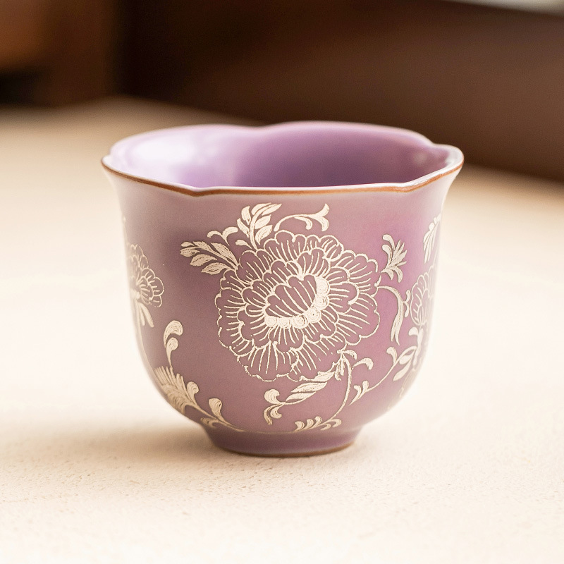 Cốc hoa mẫu đơn màu bạc chạm khắc cốc trà gốm sứ cốc chủ cao cấp dụng cụ trà gia dụng cho bé gái cốc trà giá trị cao cốc đơn