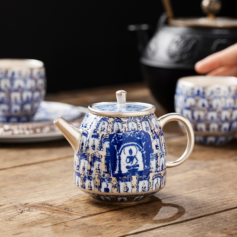 He Fusen màu xanh và trắng mạ bạc Đôn Hoàng Ngàn Phật ấm trà Bộ ấm trà Quà tặng sinh nhật cho người lớn tuổi