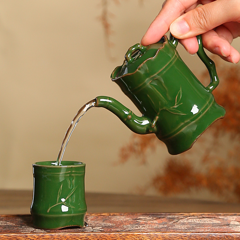 Zhuang Chui Renlang Green Bộ trà gốm lò chính thức được làm thủ công bằng đất sét khoáng thô Đế sắt Ấm trà kiểu tre Ấm trà khớp tre Tinh tế.