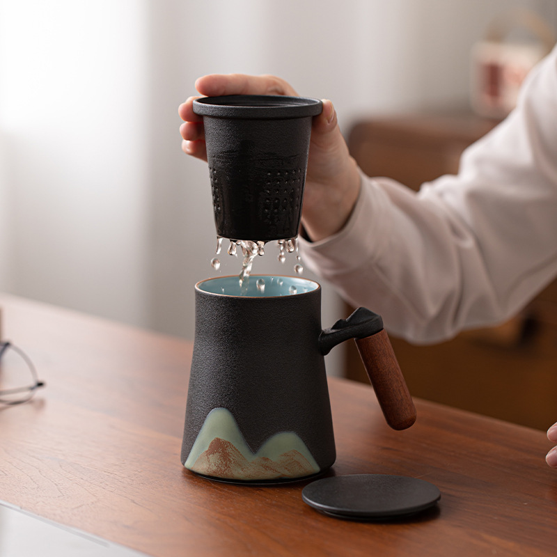 Cốc văn phòng Yuanshan Yunfu Cốc gốm sứ gia dụng có nắp lọc tách trà cốc uống nước dung tích lớn cốc trà