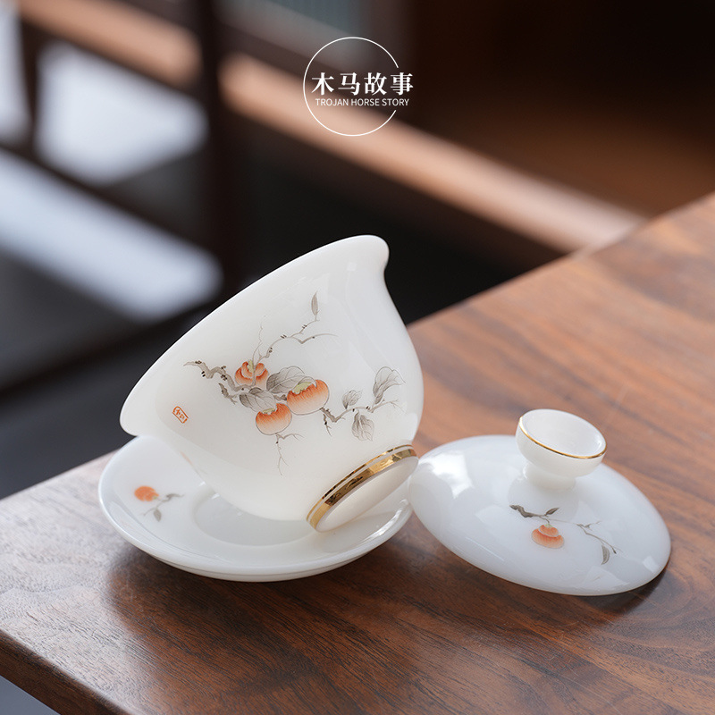 Bộ ấm chén sứ ngọc bích vẽ tay, nắp đậy, kiểu dáng cao cấp, chất liệu sứ trắng Dehua, họa tiết Sancai, hộp quà tặng sang trọng