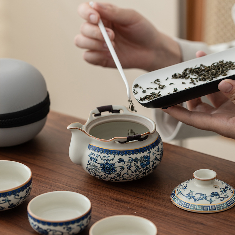 Bộ trà du lịch lò Ru màu be trắng xanh một ấm ba cốc gốm sứ cốc pha trà cốc pha trà ngoài trời bát trà có nắp