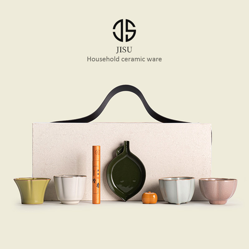 Bộ tách trà Ru Kiln Kung Fu Cốc chủ gốm cao cấp Cốc trà có quà tặng tay Bộ trà Hộp quà tặng doanh nghiệp