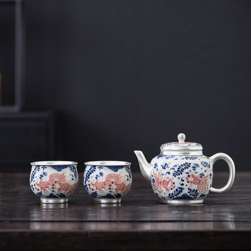 Bộ ấm chén trà Kung Fu bạc 999 sterling, bộ nhỏ gia dụng, thủ công, mạ vàng, 1 ấm 1 chén, hộp quà lưu niệm