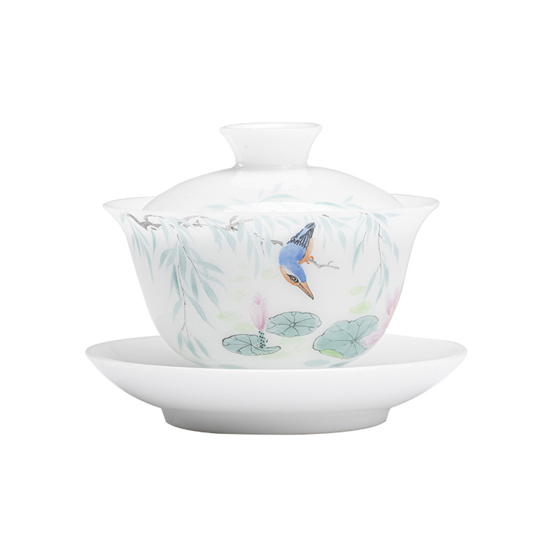 Bát có nắp hình chim hoa gốm sứ trắng ngọc bùn vẽ tay bát pha trà tam tài bát phục trà bộ trà Kung Fu phong cách Trung Quốc