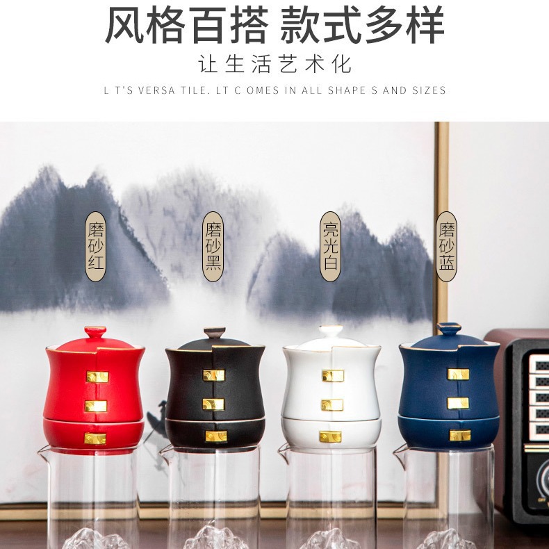 Bộ ấm trà du lịch bán tự động gốm sứ, túi xách tay, một ấm bốn cốc, bát mài đá lười nhanh