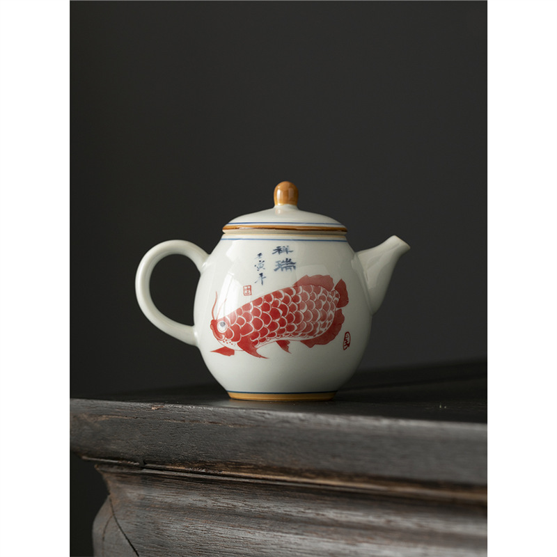 Ấm trà cá rồng xanh trắng ấm trà Kung Fu cỡ lớn gia dụng ấm trà lọc gốm sứ ấm trà đơn trà cổ điển